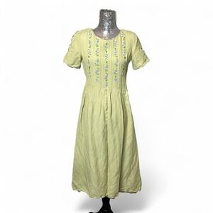 Vintage‎ Y2K Cottagecore Linen Pintuck Embroidered Midi Dress 6 Prairie Floral
